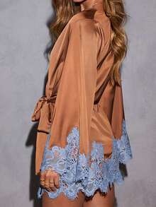 Women's Satin V Neck Lace Trim Mini Dress Long Sleeve Wasit Tie Silky Slip Cocktail Party Dresses - 棕色 - 查看 4