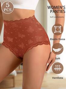 MEIYATING 5 piezas/paquete Bragas triangulares de cintura media con cobertura completa, encaje estampado, suaves, cómodas y ligeras para mujer - Multicolor - Ver 4