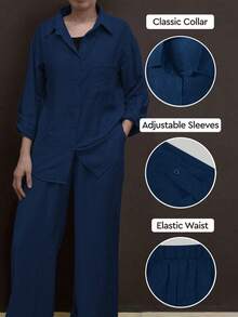 休闲开衫套装，搭配 Polo 领衬衫和松紧腰宽松裤，优雅百搭，适合度假、通勤、日常生活，面料柔软，春夏秋 - 藍色 - 查看 2