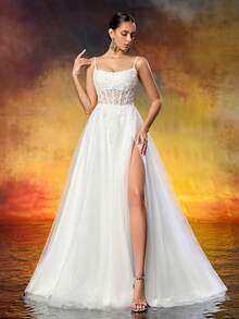 Elegant Embroidered Boned Dress, Beaded Sequin Bridal Wedding Evening Gown - White - View 2
