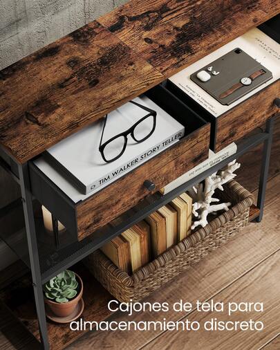 Mesa de Entrada Estrecha, con 2 Cajones de Tela, Mesa de Consola de 3 Niveles, 24 x 76 x 80 cm, para Entrada, Sala de Estar, Marrón Rústico y Negro Tinta
