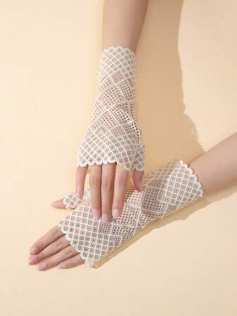 1 par, beige spetshandskar med öppna fingrar - diamantmönstrat öppet stycke, bröllopsaccessoarer, armvärmare i vintagestil, accessoarer för formella kläder för damer.