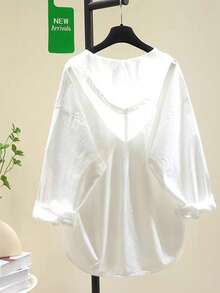 Women's Solid Color Drop Shoulder Single-Breasted Casual Hooded Shirt, Front Short Back Long