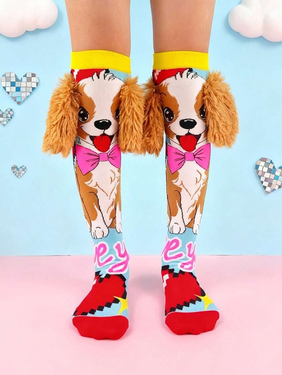 1 Pair Cute Dog Pattern Over-The-Knee Socks With 3D Ears, Children's Socks, Fun Socks, Suitable For Boys To Wear In Autumn And Winter. Also An Ideal Choice For Holidays, New Year, Outdoor Activities, Cosplay, Daily Wear, Parties And Holiday Gifts.