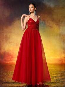 Women's Beaded V-Neck A Swing Evening Gown Elegant Tulle Party Dress For Wedding Guest,Party, Evening - Burgundy - View 5