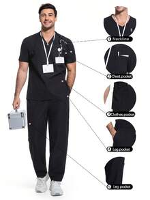Cimmuovere Men's Short Sleeved Workwear, Breathable Lab Coat, Pet Grooming Salon Outfit, Multiple Pockets Men's Uniform Medical Uniform