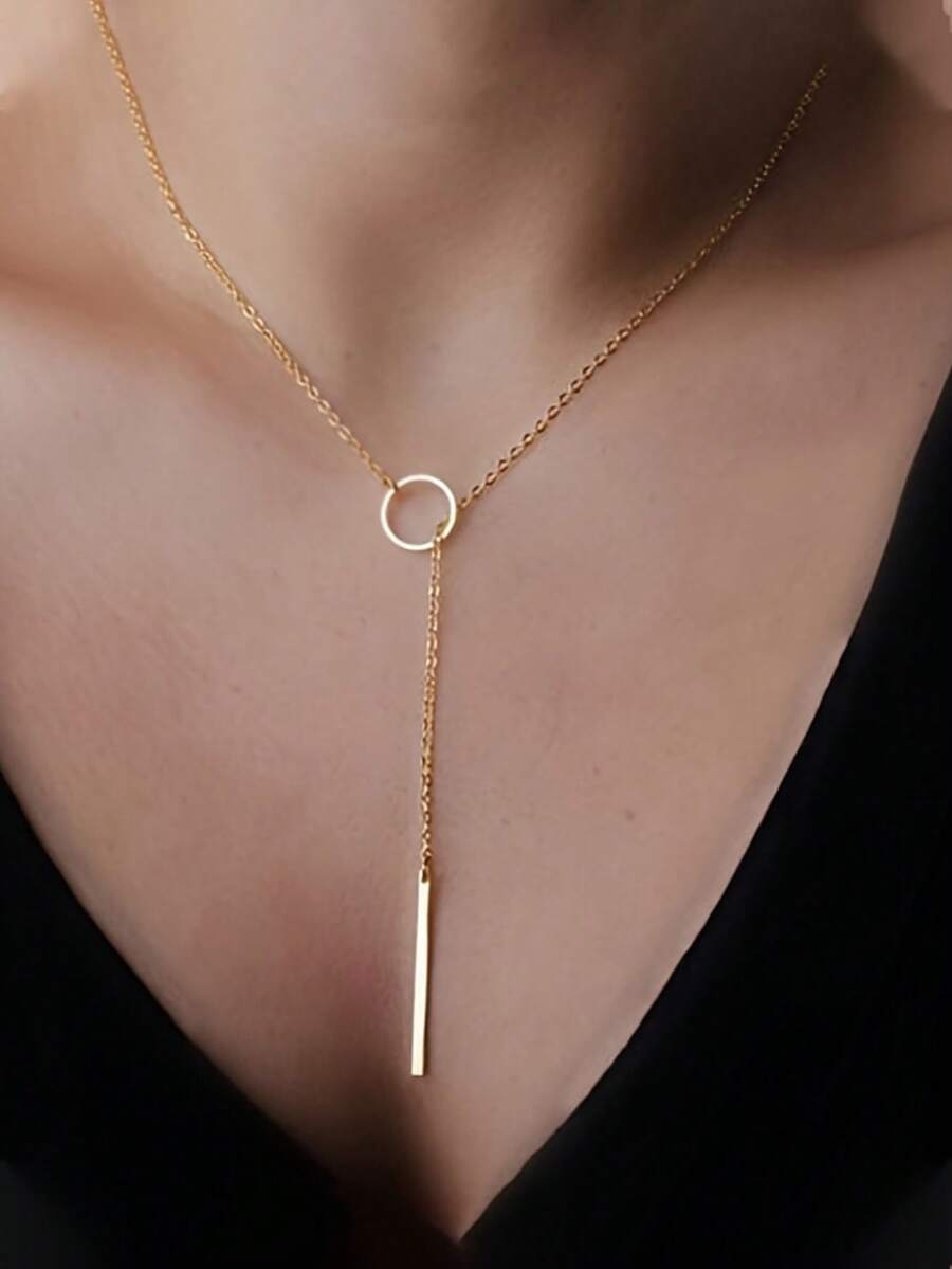 YUNCHUN 1pc Summer Niche Gold Round Ring Vertical Bar Pendant Necklace, Minimalist Elegant Commuter Collarbone Chain - Gold - View 1