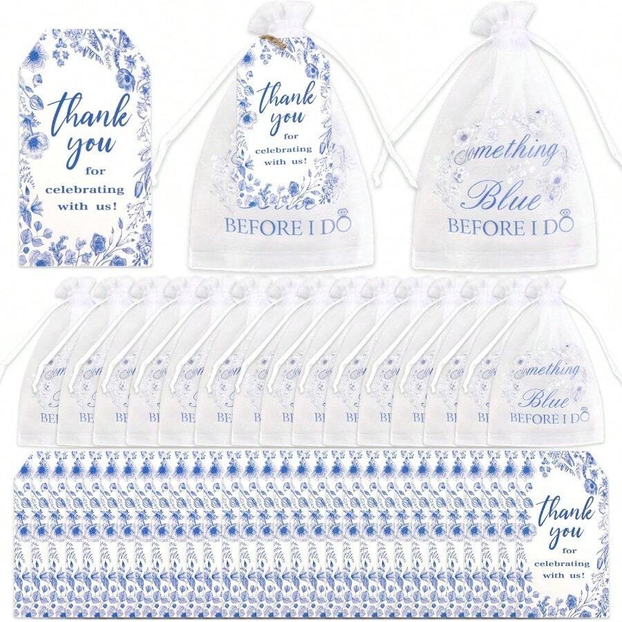 3Diartpaint 50 Sets Bridal Shower Organza Bags Set Something Blue Before I Do Drawstring Bags With Tags String Thank You Tags Mesh Pouches For Wedding Bridal Shower Party Decor Blue Flower - 藍花 - 查看 1