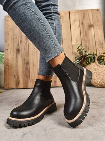 Enfärgade retrostövlar, Läderstövlar för höst/vinter, Korta Chelsea-stövlar, Mjuk sula, Brittisk affärsstil, Slip-On, Semester och hem