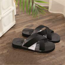 Men'S Slides Crossed Foot Band Summer Black & Colorblock Fabric Strap Open Toe Slip-On Casual Beach Outdoor Flops - Black - View 15