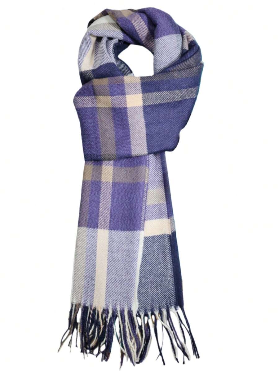 New Plaid Double-Sided Tassel Warm Scarf, Unisex Versatile, Suitable As Teacher/Student Birthday Gift, Long Neck Warmer, Casual & Elegant, Japanese/Korean Style - Blue - View 1