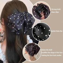 Large Chiffon Silk Hair Bow For Women Mesh Big Bows Hair Clips With Pearls Crystal Tulle Hair Barrettes Long Tail Bowknot Hair Accessories (Polka Dot Black)PolkaDotBlack - 波爾卡圓點黑色 - 查看 4