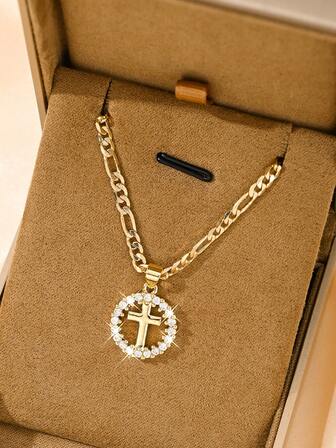 1pc Copper Inlaid Zirconia Cross Pendant Necklace, Suitable For Stacking, Suitable For Christmas/Thanksgiving/Halloween/Mother's Day/Valentine's Day Gifts For Couples/Friends/Believers, Catholic First Communion, Gifts, Daily And Holiday Wear