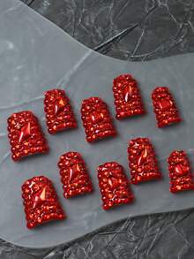 CrystalHola Unhas Postiças de Natal - Conjunto com 10 peças, feitas à mão, incluindo unhas francesinhas, unhas curtas estilo bico de pato, unhas com cobertura total e strass vermelho, unhas brilhantes para as festas de fim de ano e nail art luxuosa. Estilo anos 2000, perfeitas para festivais de música, festas e uso diário. Ideais para o outono e inverno, um ótimo presente para meninas e mulheres. Também perfeitas para o Ano Novo.