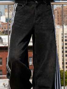 Men's Striped Denim Pants Stripe Baggy Jeans Fashion Casual Straight-Leg Trousers Daily Personalized Street Style - màu đen - Xem 5