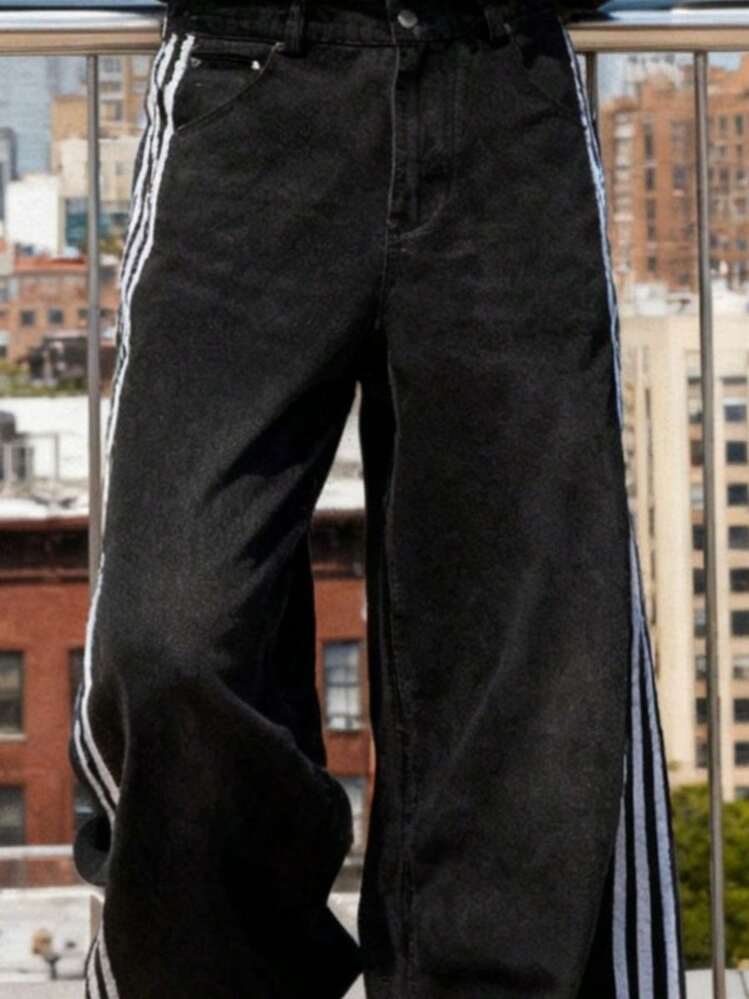 Men's Striped Denim Pants Stripe Baggy Jeans Fashion Casual Straight-Leg Trousers Daily Personalized Street Style - màu đen - Xem 5