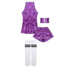 LONTAKIDS Girls Sequins Dance Clothes Dress 4-12 Yrs Sparkle Hip Hop Jazz Dance Outfit, Sleeveless Top And Shorts - 紫色 - 查看 7