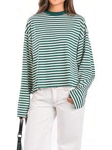Womens Striped Long Sleeve Sweatshirt Y2k Drop Shoulder Cropped Tops Crewneck Preppy Fairy Grunge Fall SweatshirtChristmas - Xanh nhạt - Xem 1