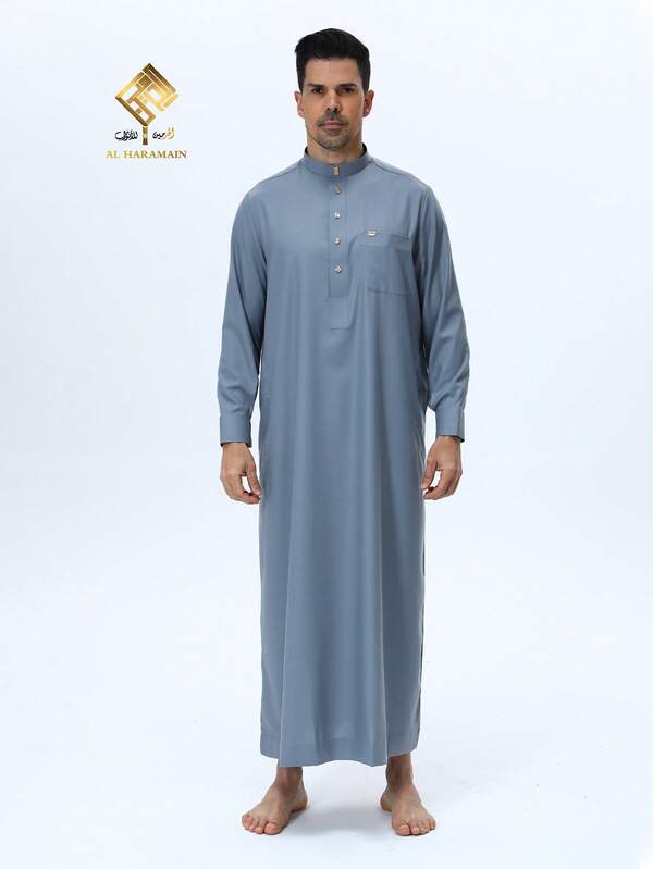 AL HARAMAIN HARAMAIN MEN THOUB - Soft Fabric, Four-Button Design, Sleeve & Chest Pocket, Elegant Arabic Robe For Men. Soft Long Sleeve Prayer Robe, Machine Washable, Suitable For All Seasons And Religious Occasions. Round Neck Design, Smooth Texture, Men's Formal Attire, Qatar Style Arabic Robe