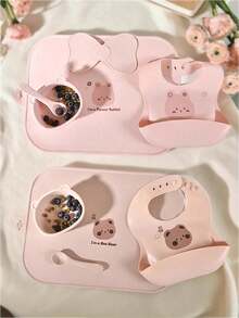Conjunto de Utensílios de Silicone para Bebê, Jogo Americano Personalizado, Cinto, Babador, Tigela, Colher, Gravata Borboleta, Suprimentos de Alimentação Anti-Sujeira e Anti-Queda, Adequado para Bebês Meninos e Meninas em Todas as Estações - Multicolorido - Visão 1