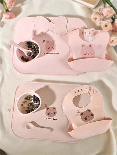 Baby Silicone Tableware Set, Customized Placemat, Strap, Bib, Bowl, Spoon, Bow Tie, Anti-Dirty Anti-Drop Feeding Supplies, Suitable For Baby Boys And Girls All Seasons