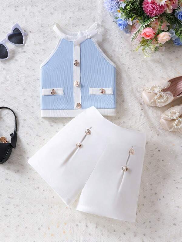 Set de 2 bucăți pentru fete preadolescente, elegant, cu umeri goi, cu top halter tricotat și pantaloni scurți la modă, potrivit pentru ieșiri în oraș, vară