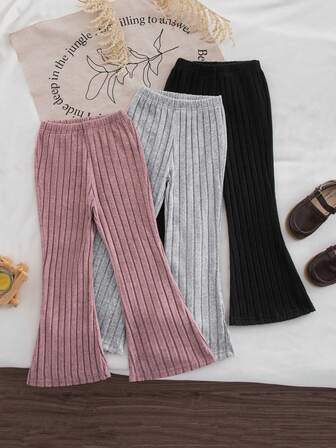 3 Pcs Set Of Fashionable And Versatile Wide Ribbed Thickened Tight Flared Pants For Young Girls In Autumn And Winter, Soft And Comfortable Knitted Girls' Clothing, Fashionable And Casual Holiday Style, Very Suitable For Outdoor Activities, School, Running, Cycling, Dancing, Party Gatherings And Daily Home, Christmas