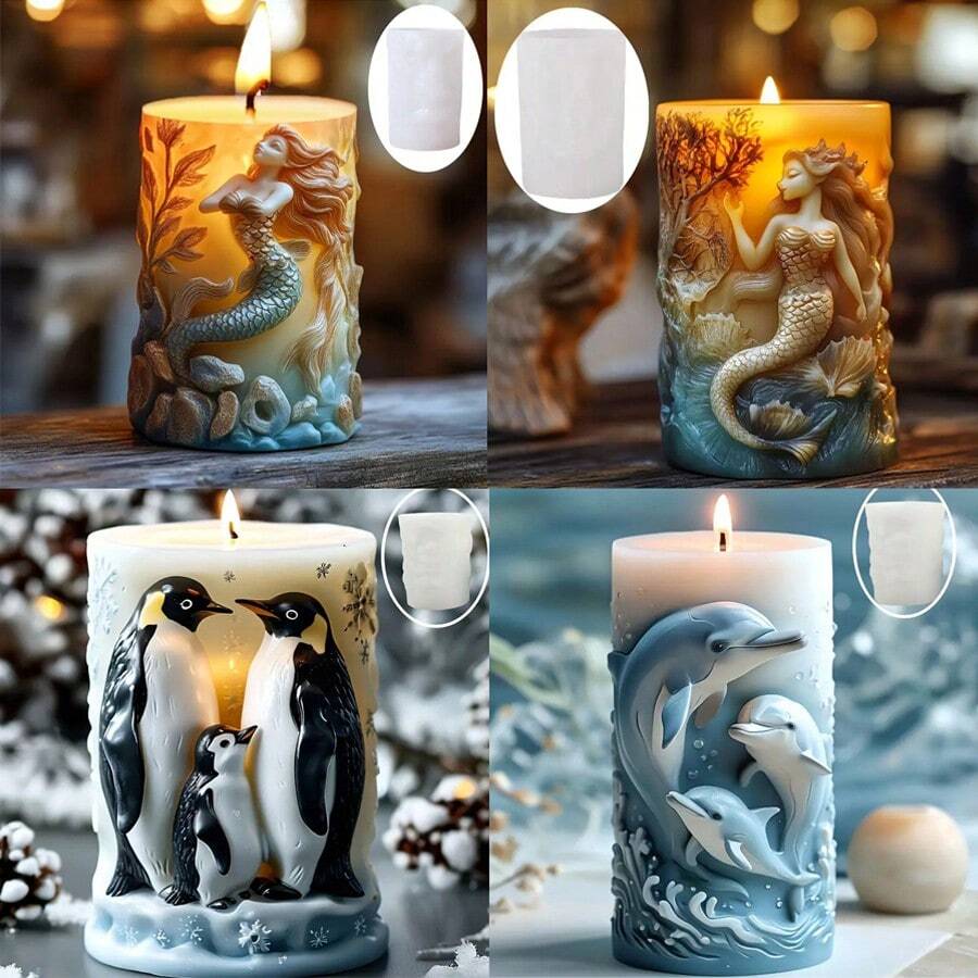 1pc Mermaid, Penguin, Dolphin Pattern Cylindrical Candle Making Silicone Mold - White - View 1