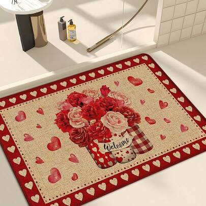 1 pieza Alfombra de lino con estampado floral para la cocina, felpudo, alfombra de baño, apta para sala de estar, dormitorio, pasillo, baño, lavandería - Alfombra de poliéster, decoración del hogar interior y exterior, excelente para regalo y decoración del Día de San Valentín