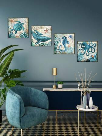 4 Parça Deniz Tuval Poster Seti - Oturma Odası, Yatak Odası, Plaj ve Banyo Dekorasyonu İçin Teal Mavi Denizatı, Deniz Hayvanı, Balina ve Kaplumbağa Tasarımları - 8x8 İnç, Çerçevesiz