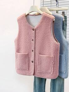 YUXIN Women's Essential Item For Autumn/Winter! Soft Faux Lambswool Sleeveless Cardigan Vest With Dual Pockets, Super Warm And Versatile For Daily Wear Pink Summer - Pink - View 3
