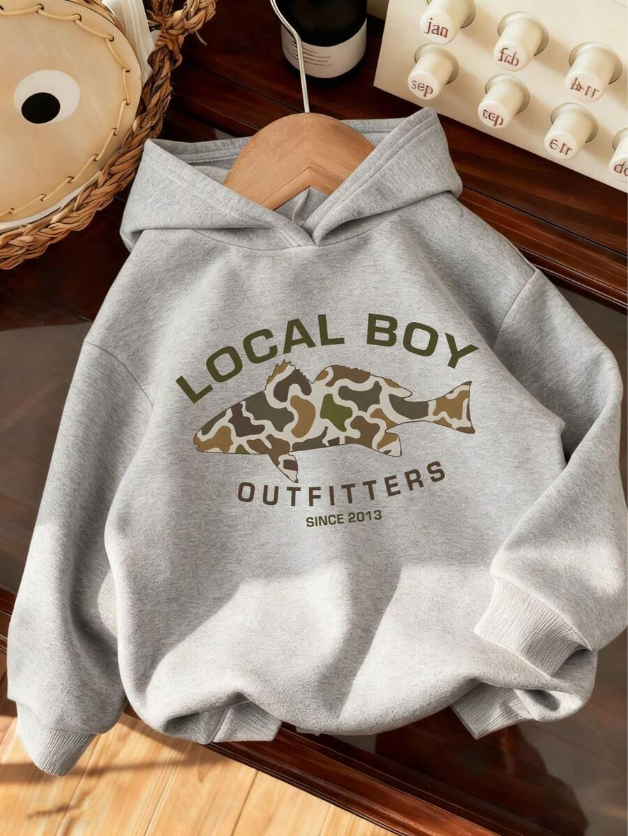 Tween Boy One-Piece Fish Print Casual Hooded Sweatshirt, Suitable For Young Students And Children, Autumn And Winter Long-Sleeved Top, Gift For Kids - Dark Gray - View 1