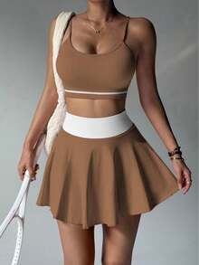 Women's Sports Suit With Vest And Skirt, Suitable For Sporty Casual - Màu Khaki - Xem 8