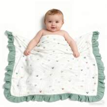 1pc Printed Double-Layer Crinkle Blanket, Newborn Baby Ruffled Edge Swaddle Wrap Quilt - Multicolor - View 1
