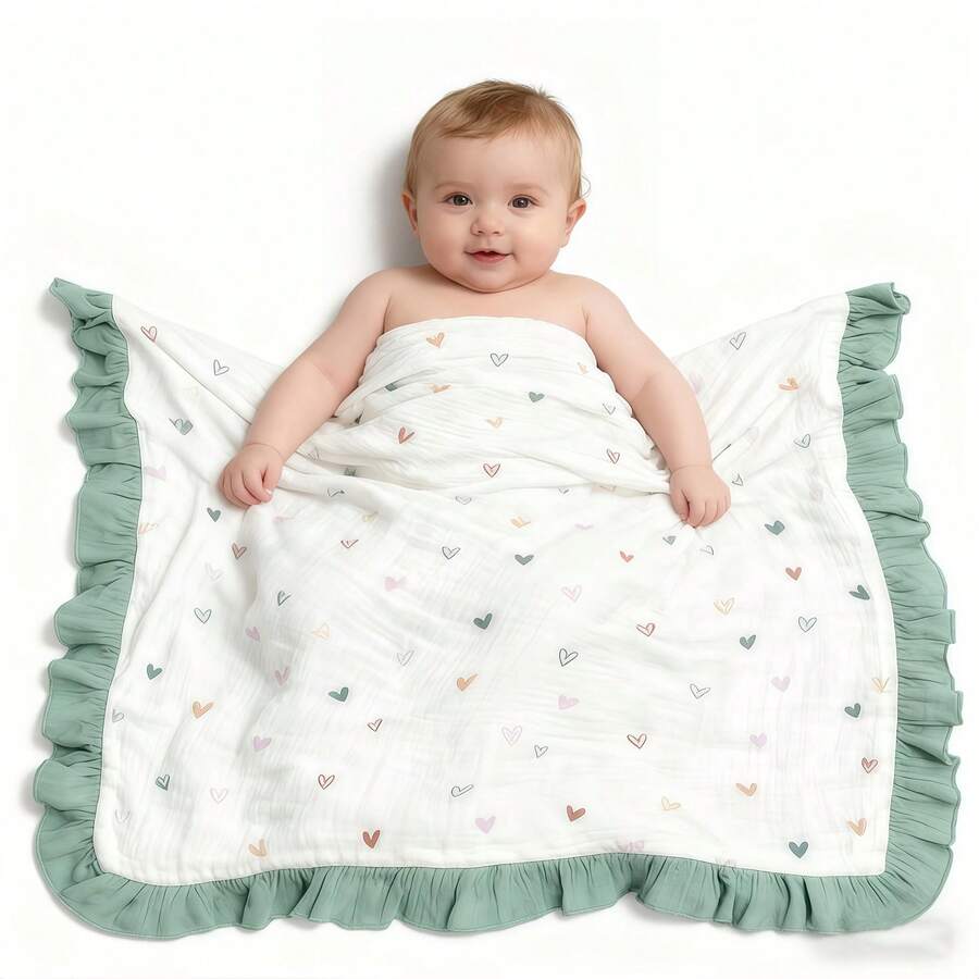 1pc Printed Double-Layer Crinkle Blanket, Newborn Baby Ruffled Edge Swaddle Wrap Quilt - Multicolor - View 1
