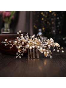 1pc Handmade Gold Alloy Pearled Flower Bridal Hair Comb, Wedding Headpiece, Party Dress Accessory
