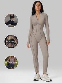 MFVIM 女士长袖连体裤，半拉链设计，紧身性感运动服，高强度瑜伽训练服