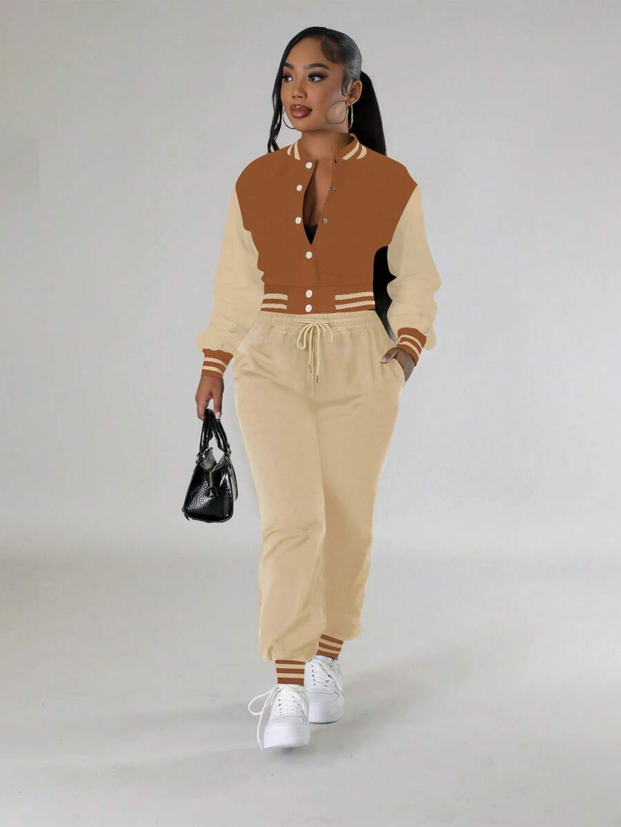 Women's Casual Color Block Single-Breasted Long Sleeve Jacket Top Paired With Drawstring Pocket Sweatpants Set, Suitable For Spring, Autumn And Winter