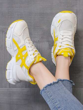 Contrast Color Solid Preppy Casual Women's Spring/Autumn New Retro Chunky Sneakers, Leather & Mesh Patchwork, Thick Sole Platform Wedge Casual Shoes, Versatile Lace-Up White/Yellow Sneakers