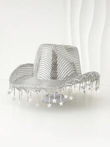 1 件女式银色闪光复古牛仔帽，纳什维尔单身女士牛仔帽，少女复古花卉，创意朋克风格宽边帽，街头时尚优雅美学，适合西部主题活动、派对、订婚、角色扮演、毕业典礼、化妆舞会、节日、婚礼、生日、音乐节、成人仪式、万圣节 - 銀色 - 查看 12