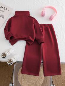 Chatreadl 2 piezas Conjunto de sudadera y pantalones de unicolor con bordado de unicornio para niñas, diseño minimalista, cómodo para primavera, otoño e invierno - Burdeos - Ver 2