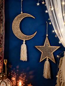 1pc Moon Phase Wall Decor, Moon, Star & Lantern Shaped Hanging Ornament With Tassels, Wooden Boho Style Wall Art, Boho Home Decor, Suitable For Living Room & Bedroom, Mysterious & Minimalist Wall Hanging, Home & Party Decoration, Holiday Decor - Multicolor - View 8