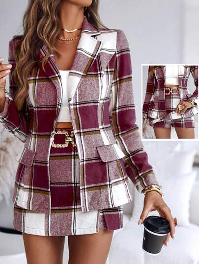 ChicMe 女士两件套套装，格纹翻领西装外套搭配高腰侧拉链A字裙裤，优雅商务办公户外服饰