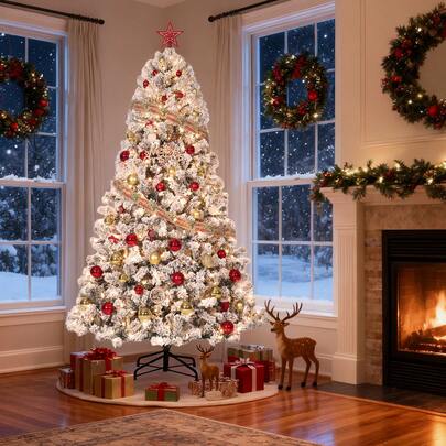 mteryoing 4.5/6/7.5/9FT Pre-Lit Artificial Christmas Tree,150/250/550/900 Warm White Led Lights,Snow Flocked Full Prelighted Xmas Tree For Home Office,340 Branch Tips,Foldable Stand, Easy Assembly