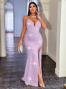 CHOSMO Lavender Fitted Sequin Metal Chain Strap Backless High Waist Slit Dress, Elegant Ladies' Formal Gown For Ball, Cocktail Party, Wedding Guest, Formal Occasion - Mauve Purple - View 4