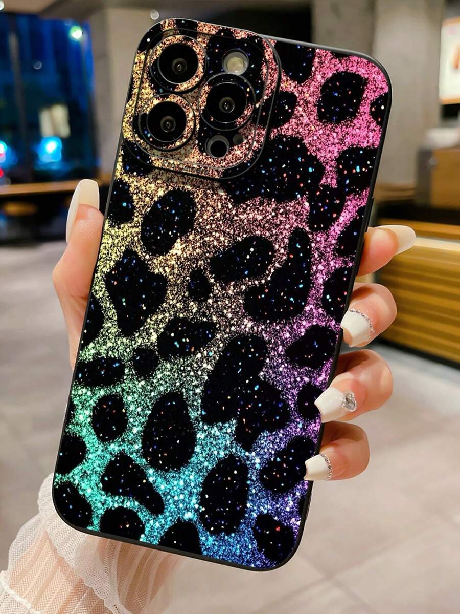 Leopard Print Fashion Shockproof 1pc Colorful Leopard Print Shockproof Phone Case, UV Printed Compatible With IPhone, /Compatible With Galaxy, Compatible With Infinix, Compatible With Redmi, Compatible With OPPO, Compatible With VIVO, Compatible With Realme, International Version, Not The Domestic Version Spring Gift - Black - View 1