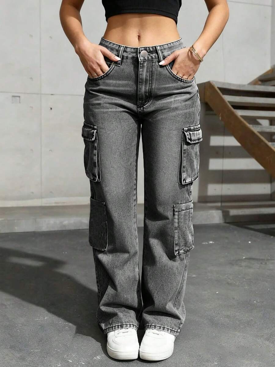 女士长款直筒工装牛仔裤，带口袋，休闲装 - 深灰色 - 查看 1