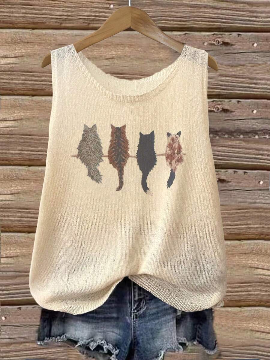 Damen Ärmellose Pullover Weste mit Katzen Muster, Lässiger Rundhals Strick Tank Top, Mode Damen Tägliche Strickwaren - Aprikosenfarben - Übersicht 1