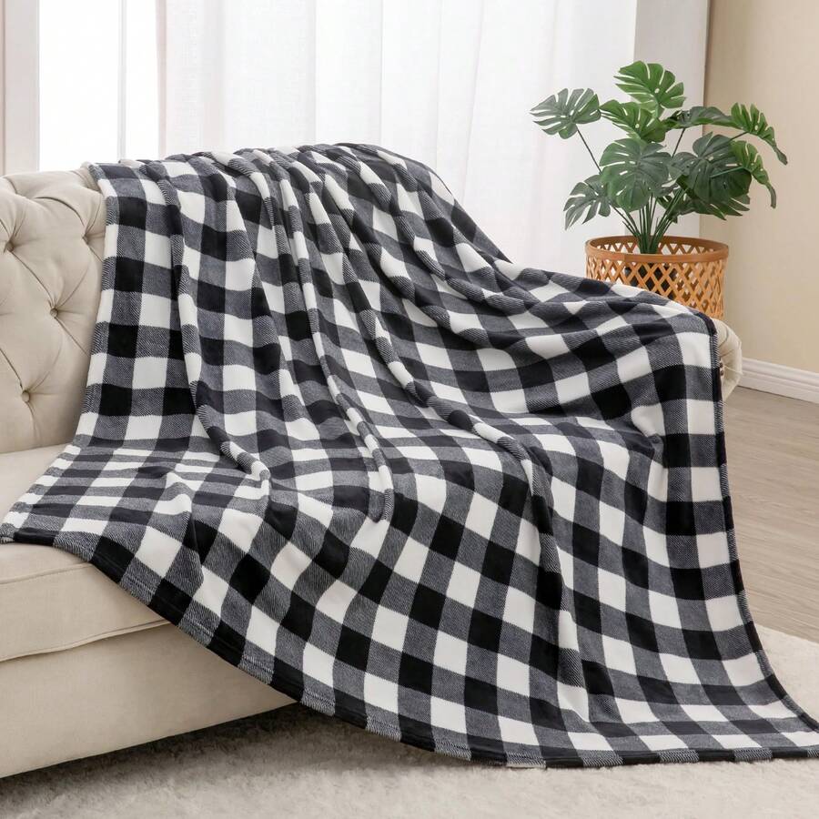 Plaid Fleece Throw Blanket For Couch, Black & White Checkered Flannel Blanket, Cozy & Soft Buffalo Plaid Decor Blanket For Women, Men, - 黑白格子 - View 1