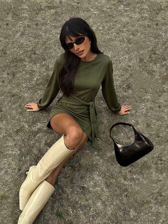 Solid Color Round Neck Waist Tie Long Sleeve Casual Elegant Dress, Asymmetric/Asymmetrical Design, Fashion Women Dress
